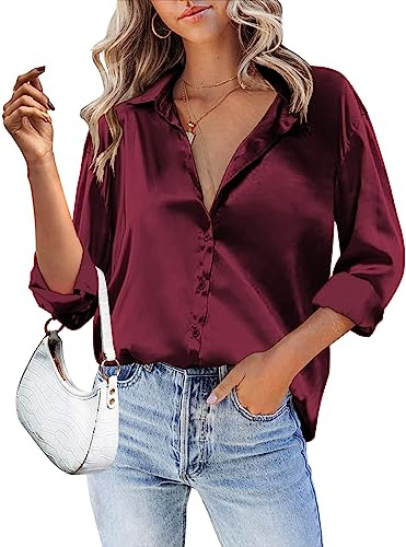 Zeagoo Women's Satin Blouse Elegant Long Sleeve Button Down Shirts V Neck Blouses Casual Office Work Tops Wine Red M