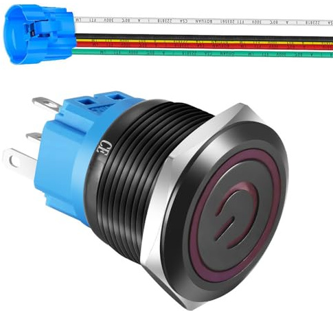 Gebildet 22mm Verriegelung Edelstahl-Drucktastenschalter, 110V–220V/5A, Stromsymbol, LED, 1NO 1NC, SPDT,ON/Off, Wasserdichter Kippschalter mit Kabelsteckdose (Rot LED/Schwarzes Gehäuse)