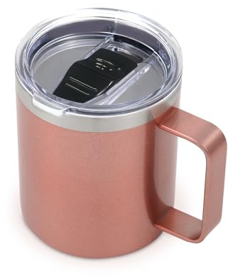 Volhoply 420ml Kaffee-Thermobecher, doppelwandiger Vakuum-isolierter Edelstahlbecher mit Griff, lebensmittelechter 18/8-Edelstahl, hält Getränke heiß und kalt für Camping, Büro (Roségold, 1er-Set)