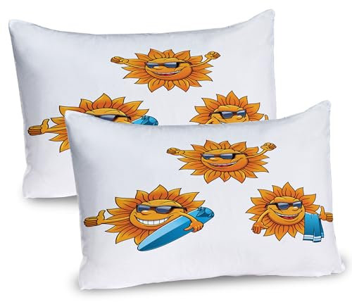 ABAKUHAUS Karikatur Kissenbezug Packung mit 2, Surf Sun Zeichen Tragen Shades Und Surfboards Spaß Hippie Sommer Kinder Design, Dekorativer Standard Gedruckter Kissenbezug, 80 x 40 cm, Orange Weiss