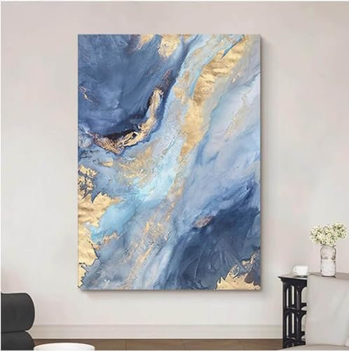 Handgemaltes Großes Abstraktes Ölgemälde – Leichtes, Luxuriöses Abstraktes Blaues Meer Mit Goldfolie, Strukturiertes Gemälde Auf Leinwand, Wandkunst, Modernes Großes Schlafzimmer, Wohnzimmer