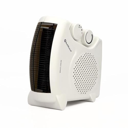 Rediffusion Dual Position Fan Heater, Portable Carry Handle, Upright/Flat, Warm & Cooling Functions, Low Noise, Adjustable Thermostat, 3 Settings, Variable, Auto Shut Off, 2000W - RED901, White