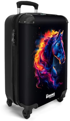 NoBoringSuitcases.com Kinderkoffer Mädchen, Koffer Kinder Mädchen, Reisekoffer Mit Rollen, Kindertrolley, Handgepäck Koffer 55x40x20 cm (Pferd - Neon Mehrfarbig)