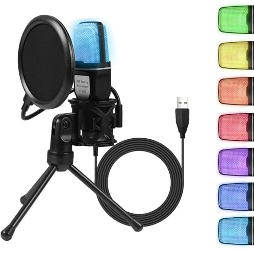 Micrófono Gaming RGB,Micrófono Condensador PC USB Kit de Microfone,para PC Gaming Mac PS4 PS5, Streaming, Podcasting,Youtube,Voice Over,con Trípode, Filtro Anti-Pop,Plug & Play