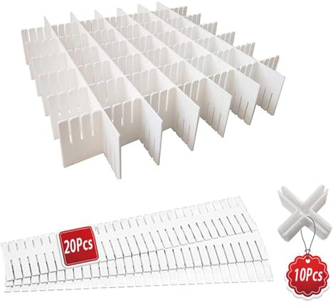 LMSAWK 20 Pièces Grille Diviseur de Tiroir, Organisateur de Tiroir Réglables pour Sous, Diviseur de Tiroir DIY Separateur, Pour Placard, Sous-vêtements, Livré avec 10 Boucles Croisées, Blanc