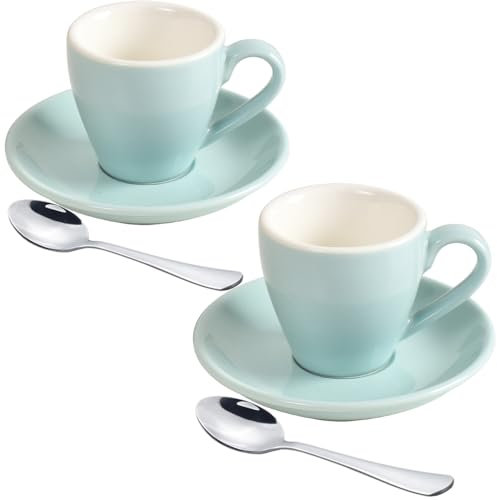ionEgg Porcelain Espresso Cup with Saucer and Mini Stainless Steel Spoons, Espresso Shot Glass, 80ml, Set of 2, Blue