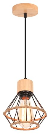 PETITES ECREVISSES Pendelleuchte Vintage Industrie Hängelampe Schwarz E27 Lampe aus Holz und Metall mit Hanfseil Geometrischem Käfig Hängeleuchte Retro Deckenleuchte für Wohnzimmer Esstisch Küche