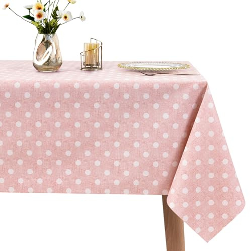 WenYa Polka Dot Tablecloth Wipe Clean Table Cloth Wipeable PVC Tablecloths Plastic Dinner Cover, Rectangular Waterproof Table Cover Protector for Picnic Party Indoor Outdoor - Pink, 71x54in/180x137cm