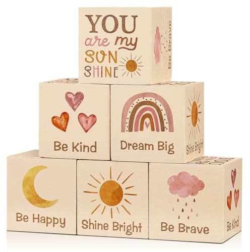 6 Pcs 1.6 Inch Inspirational Boho Rainbow Nursery Decor Baby Wooden Sun Clouds Rainbow Decor Wood Blocks Boho Rainbow Centerpiece Watercolor Shelf Decor for Nursery Bedroom Playroom Decor