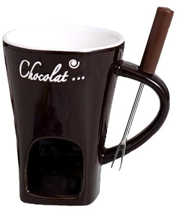 Chocolate Fondue Mugs with Fork, Ceramic Fondue Mugs Gift Set, Multi-Purpose Fondue Coffee Cup, Melting Fondue Mug for Chocolate Cheese Butter, Chocolate Cheese Hotpot Cup (Coffee)