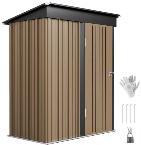 Outsunny 5x3ft Metal Garden Shed Lockable Brown with Foundation Kit | Outdoor Metal Shed, Gloves, Patio Tool Storage, Adjustable Shelf, Pent Roof, Lock and Gloves