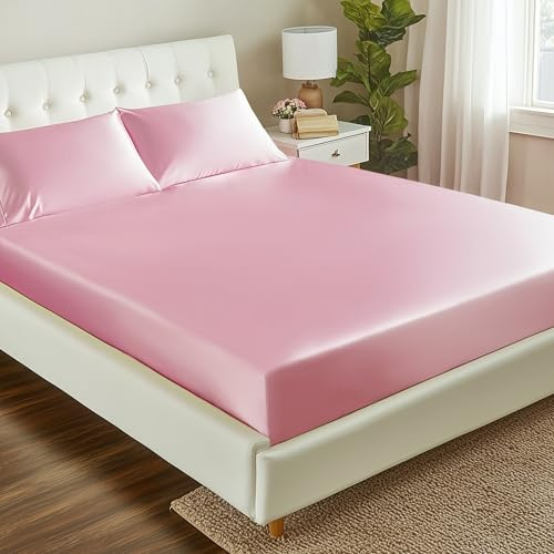 Love's cabin Satin Fitted Sheet Queen Size - Pink Silky Bed Fitted Sheet Only with Deep Pocket, Luxury Soft Non-Fading Silk Feel Single Bottom Satin Bed Sheet