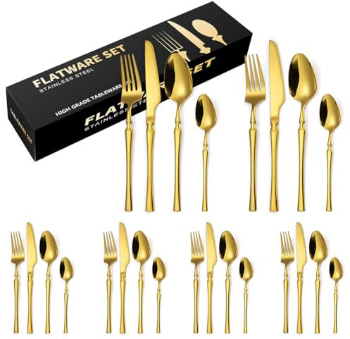 Cutlery Set, 24 Pieces Flatware Set, Service for 6, Mirror Polished, Stainless Steel Tableware with Knives Forks Spoons Teaspoons, Dishwasher Safe/Easy Clean (24, Gold Small_Waist)