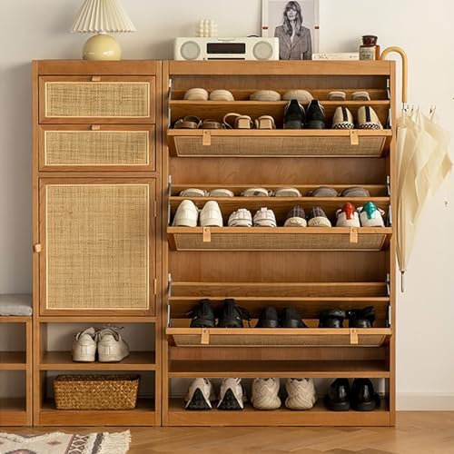 PYCJNFC Zapatero de ratán Natural Tejido Fino con Puertas abatibles, cómoda de Madera para Pasillo de apartamento, Gran Capacidad para Todo Tipo de Zapatos (Color: Cerezo, tamaño: S)