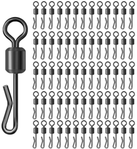 UEIOAVL Emerillones e imperdibles de pesca, Paquete de 50 eslabones giratorios de pesca con clips en forma de Q conector giratorio de cambio rápido y botón a presión (negro)