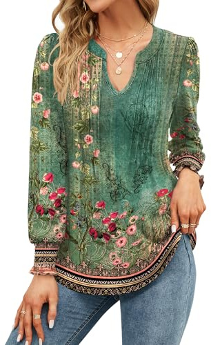 EFFAN Ladies Tops Elegant Gifts for Women Long Sleeve Tops Xmas V Neck Casual T Shirts Long Sleeve Tunic Blouse, Floral Green L (UK 16-18)