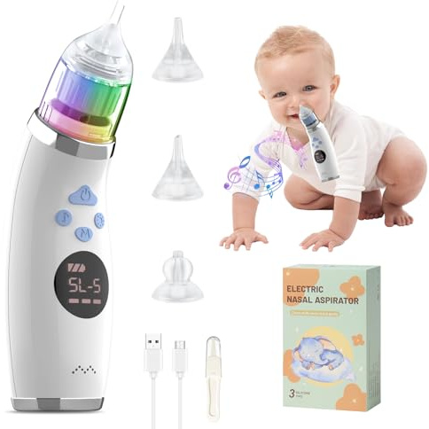 Bwaliffury Aspirador Nasal Bebé Eléctrico, Limpiador Nasal bebe Electrico, Sacamocos Bebe Electrico, 5 Niveles de Succión & 3 Puntas de Silicona, con Relajante de Música,para Recién Nacidos y Niños