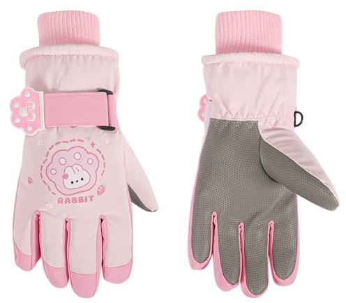Jupsk Gants Ski Enfant d'hiver Mitaine Moufle Imperméables Velo Gants Chaud de Snowboard Fleece Gloves pour Fille Garçon 5-10 Ans, Lapin Panda