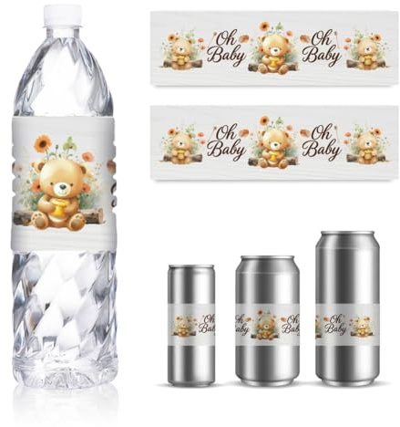 GOMAKERER 30 hojas de etiquetas para botellas de agua para recién nacidos, osito de peluche para contenedores de agua potable, pegatinas personalizadas autoadhesivas para baby shower, fiesta de