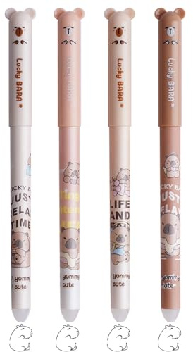 Canollo 4 Stück Radierbarer Kugelschreiber, Cartoon Capybara Muster Radierbare Stifte, Radiergummi mit löschbarer Tinte, 0,5 mm Mine, Radiergummi Stift, Aesthetic Tintenroller radierbar(Schwarz)