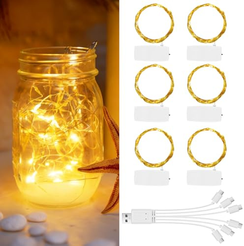 SKUTZTEK 6 piezas Tiras de Luces LED LED 2M - 20 LEDs Blanco Cálido, Reutilizable, Flexible y Recargable con Extraíble - Para Decoración de Navidad, Fiestas, DIY y Decoración Interior/Exterior