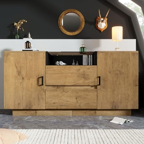 FammyLoft Sideboard Wohnzimmer mit 2 Schubladen und 2 Schränke, Buffetschrank mit Offenem Fach, 140 * 40 * 70cm, Modern Wohnzimmerschrank für Esszimmer & Flur, ESG-Glas & Schwarze Griffe, Eiche