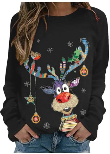 Weihnachtspullover Damen, Weihnachtspullover Damen Lustig Rudolph Rentier Merry Christmas Ugly Christmas Sweater Sweatshirt Baumwolle Weihnachten Weihnachts Pullover Weihnachtspulli, Schwarz