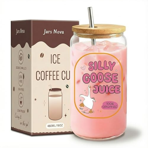 Jars Nova Cute Silly Goose Drinking Jar | Iced Coffee Cup – Glass Cups with Lids and Straws | Fun Personalised Gifts for Women | Perfect Birthday Gifts for Women | Reusable Leak-Proof Glass Drink Jar