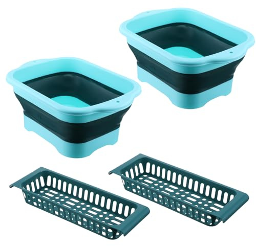 Kifmurase 2PCS 2.91 Gallon(11L) Collapsible Dish Basin with Drain Plug, Multiuse Portable Bucket with Sink for Kitchen, RV, Outdoor Camping, Space Saving Foldable Storage Tray Sink Tub Dishpan