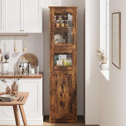 OPULENTHOME Stort förvaringsskåp med glasdörrar, 170 cm högt skåp med lådor och hyllor, badrumsskåp, garderob för hall, sovrum, vitt högskåp retro – enkeldörr