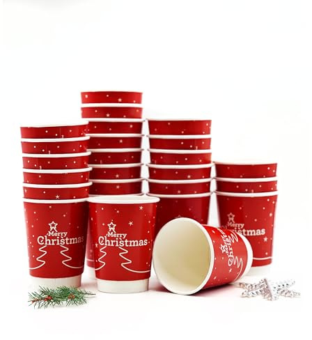 Nicoman Christmas Paper Cups 8oz with Tree Design, Disposable Hot Beverage Cups (Cups 8oz, Pack of 25)