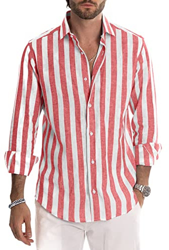 JMIERR Mens Linen Shirts Long Sleeve Button Down Striped Shirts,L,Red