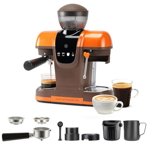 RECAFIMIL Cafetera de 19 bar con molinillo de frijoles, cafetera 2 en 1 para café molido, capuchino y latte, con espumador de leche, panel táctil, depósito de agua extraíble (naranja)