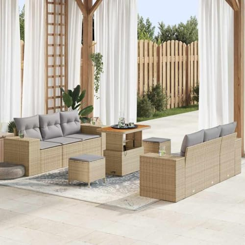 Yunovire Gartensofa-Set 9-teilig, Beige/Hellgrau Poly Rattan, Modulares Loungesofa mit Kissen, Outdoor Patio Möbel für Balkon, Terrasse, Garten, 221x179x85 cm