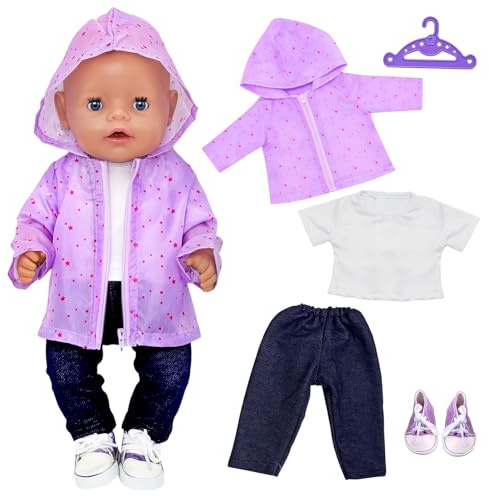 Zouonou Puppenkleidung 35-45 cm, 5-teiliges Lila Puppen Outfits mit Lila Stern Jacke, T-Shirt, Hose, Schuhen & Kleiderbügel, Kleidung Zubehör für Babypuppen Jungen Mädchen