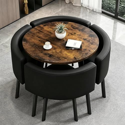 VTELGT Runder Esstisch mit 4 Stühlen - Essgruppe 5-Teilig Komplettset - Küchentisch Sitzgruppe für für Küche/Esszimmer - Wohnzimmer und Büro 4-6 Sitzplätze (Walnut)