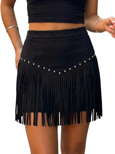Svuitmsl Women Western Cowgirl Fringe Mini Skirt Vintage High Waisted Mini Suede Tassel Skirt Country Concert Rave Party Wear (A-Black Rivet, XL)