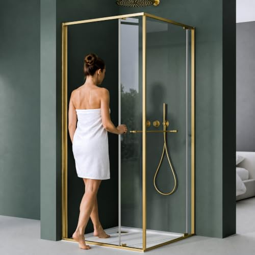 Mai & Mai Cabine de Douche Transparent Doré avec Receveur 90x90x195cm | Pare-douche en Angle, Paroi de Douche Carré, Verre Trempé 6mm, Traitement Nano, Montage Réversible, avec Receveur, RAV69K