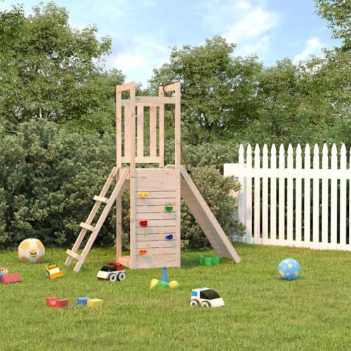 Kaloriko Torre de juegos de madera maciza de pino robusto con tobogán y caja de arena para niños, jardín, exterior, casa de juegos con escalera y columpio, incluye cuerda y pared de escalada
