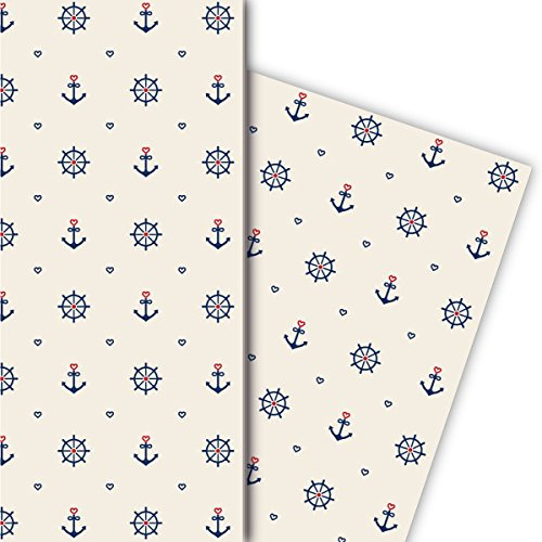 Kartenkaufrausch Set 4 Bogen: Maritimes Geschenkpapier, Dekorpapier, Musterpapier zum Einpacken mit Herz, Anker und Steuerrad, beige, für edel Geschenkverpackung, Designpapier 32 x 48cm