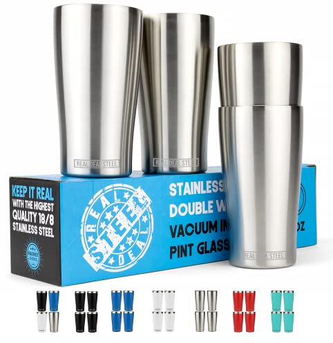 100 % rostfritt stål pintglas: Dubbel vägg vakuumisolerade metallkoppar för att hålla drycker kalla eller varma – utan ram, svettfri, miljövänlig för öl, cocktails, kaffe, smoothies och mer, set med 4, 16 oz
