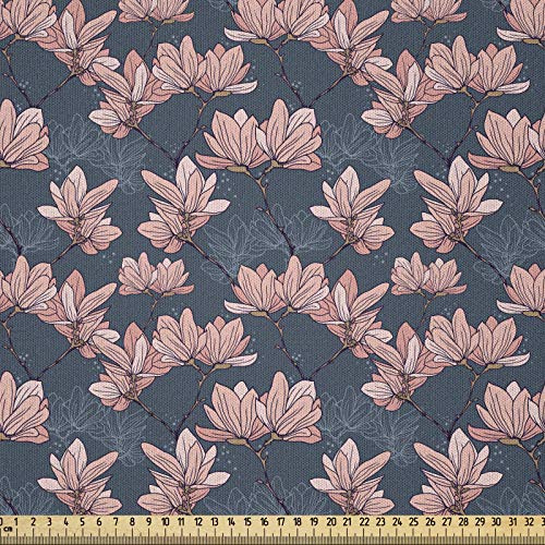 ABAKUHAUS Blumen Stoff als Meterware, Magnolia Blumen Japan, Microfaser Stoff für Dekoratives Basteln, 1M (230x100cm),Dunkelblau Korallenrot