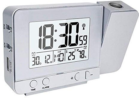 Queta Projection Alarm Clock, Digital Clock with Time, Temperature Projection with Dual Alarm, Humidity, Snooze, Timer, Calendar, USB Port (Silver Colour)