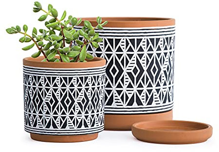D'vine Dev Set of 2 Terracotta Pots, Diamond Pattern Planter Pot, 4 Inch and 6 Inch, Pot with Drainage Hole and Saucer, Terracotta/Black, 31-958-G-2