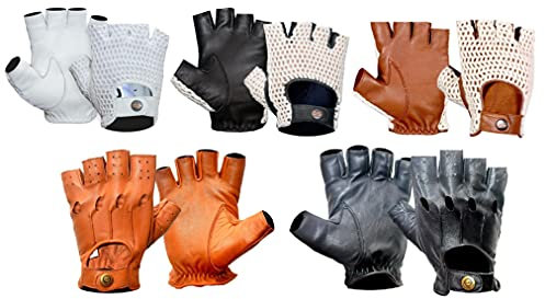 Gants Mitaine de Conduite en Cuir Souple Marron, Crochet de Coton Blanc Pour Hommes Style Rétro Sans Doigt Pour Fitness Voiture Moto Vélo Gym Musculation Cyclisme et Extérieur (Marron, S)