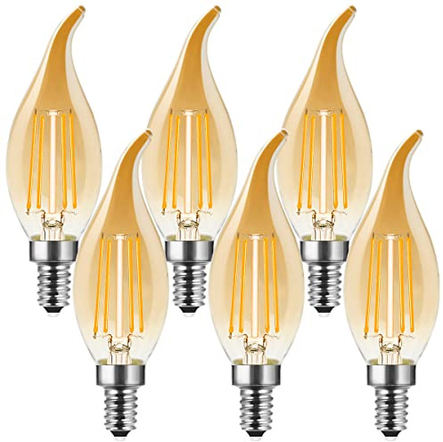 MZYOYO 6 stycken E14 4 W ljus LED-lampa, E14 dimbar varm vit ljusform glödlampa, retro lju för ljuskrona, 4 W ersätter 35 W, vintage glödtråd lampa, 2700 K, glas, dimbar, bärnsten, energiklass F