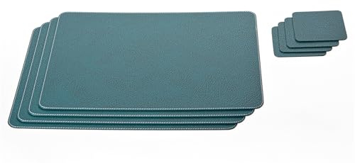 Nikalaz Platzsets und Untersetzer (4er Set) aus recyceltem Leder, Tischsets, 4 Stück Platzsets und 4 Undersetzer, Platzdeckchen und Untersetzer 10 x 10 cm (45.7 x 33.02, Petroleum Grün)