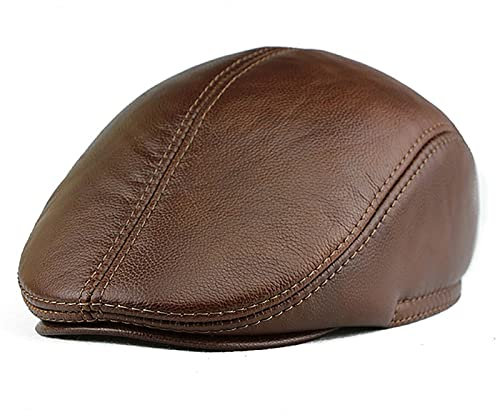 WHSPORT Barett Cap Herren Leder Schiebermütze Gatsby Schirmmütze Newsboy Flat Cap Baskenmütze mit Ohrenklappen (Color : Brown, Size : 58-60cm/22.83-23.62in)