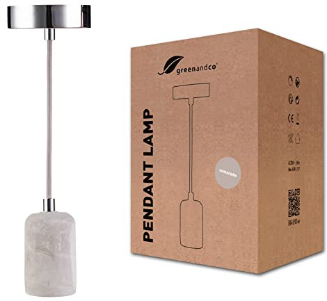 greenandco Hängeleuchte | E27 | echter Beton | mit 150cm Textilkabel kürzbar | Vintage Pendelleuchte | 230V | retro Kabellampe