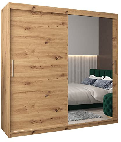 MEBLE KRYSPOL Kleiderschrank mit Spiegel Tokyo 2 - Garderobenschrank - Schrank Schlafzimmer - Mehrzweckschrank Zwei Schiebetüren - Regalen - Flur Möbel - Kleiderstange Schrank - Allzweckschrank